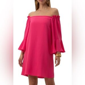Trina Turk Dress S Off Shoulder Bell Sleeve Pink Ruffle Sleeves Recycled NWT